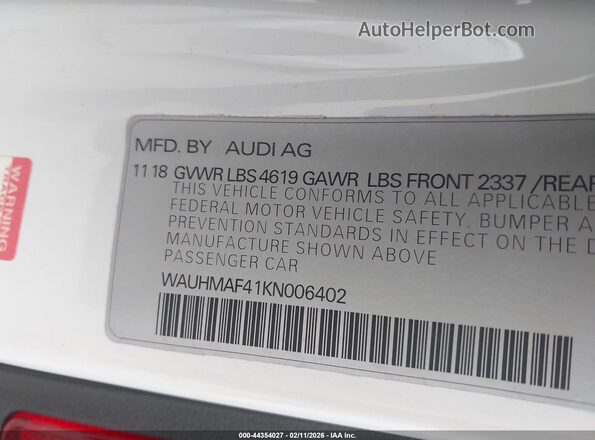 WAUHMAF41KN006402 2019 AUDI OTHER White Vista del compartimento del motor