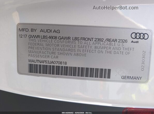 WAUTNAF53JA070818 2018 AUDI OTHER White Вид підкапотного простору