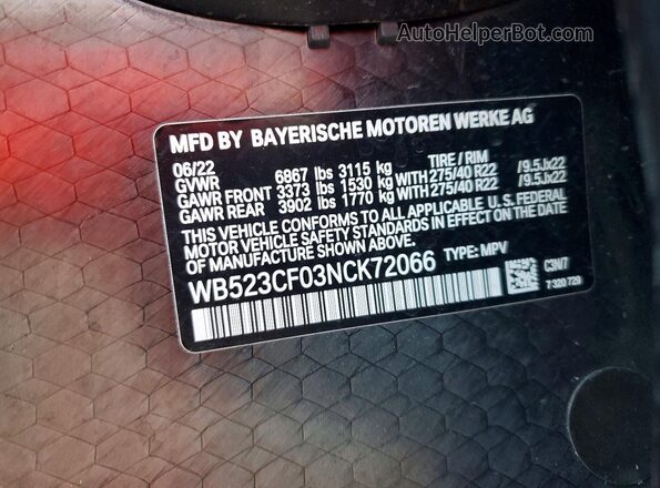 WB523CF03NCK72066 2022 BMW IX Blue Widok naklejki z numerem VIN