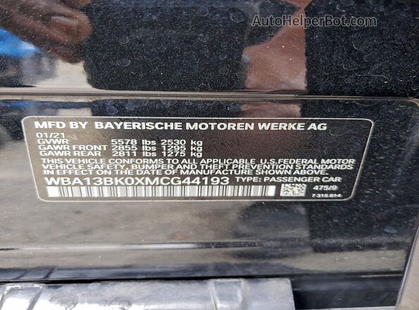 WBA13BK0XMCG44193 2021 BMW M5 Black Вид наклейки з VIN-кодом