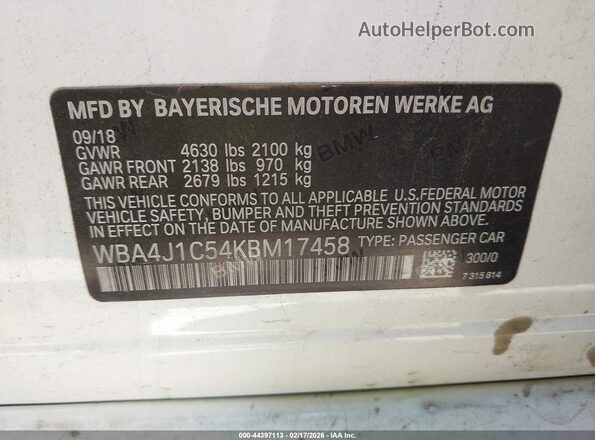 WBA4J1C54KBM17458 2019 BMW OTHER Белый Вид подкапотного пространства