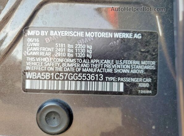 WBA5B1C57GG553613 2016 BMW 5 SERIES Фиолетовый Вид наклейки с VIN-кодом