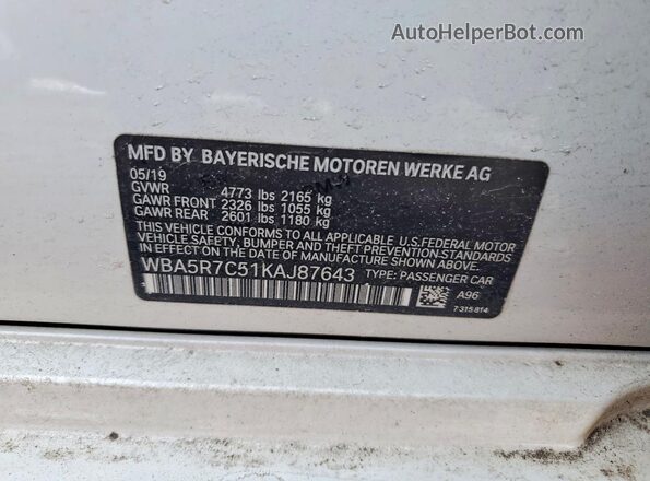 WBA5R7C51KAJ87643 2019 BMW OTHER Белый Вид подкапотного пространства