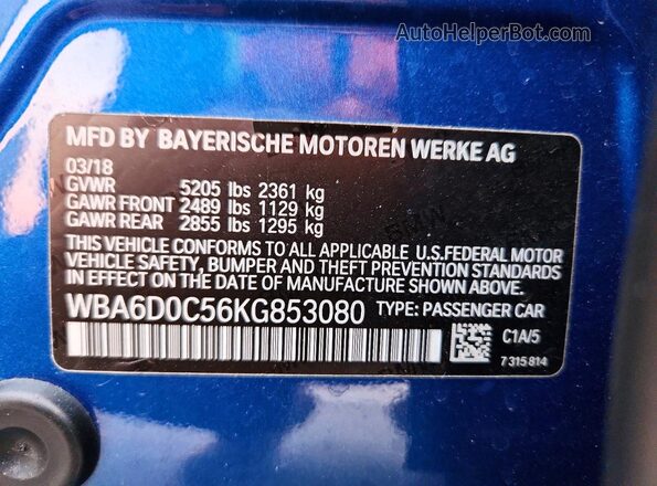 WBA6D0C56KG853080 2019 BMW OTHER Синий Вид подкапотного пространства