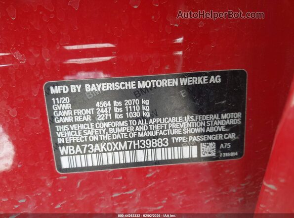 WBA73AK0XM7H39883 2021 BMW OTHER Красный Вид подкапотного пространства