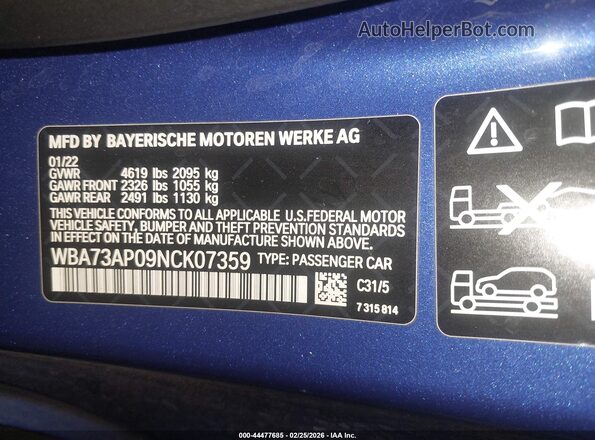WBA73AP09NCK07359 2022 BMW OTHER Синий Вид подкапотного пространства