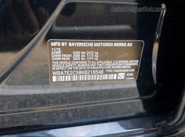 WBA7E2C58KB218548 2019 BMW OTHER Black Widok naklejki z numerem VIN
