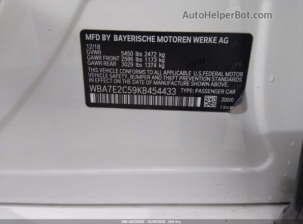 WBA7E2C59KB454433 2019 BMW OTHER White Вид підкапотного простору