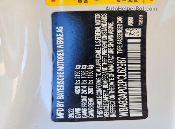 WBA83AP02PCL62987 2023 BMW M4 White VIN კოდის სტიკერის ხედი