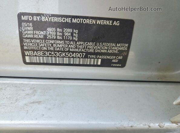 WBA8E3C53GK504907 2016 BMW OTHER Silver Widok naklejki z numerem VIN