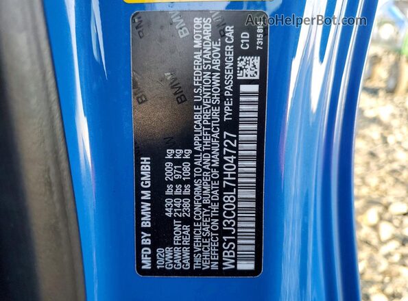 WBS1J3C08L7H04727 2020 BMW M2 Blue Widok komory silnika