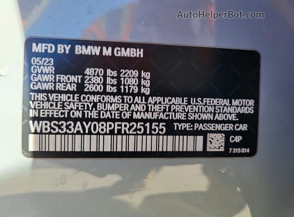 WBS33AY08PFR25155 2023 BMW M3 Серый Вид наклейки с VIN-кодом