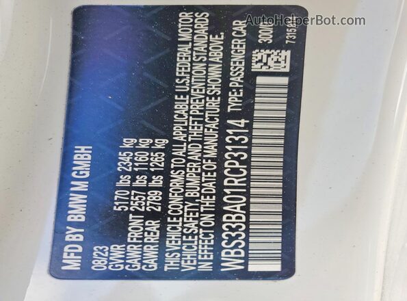 WBS33BA01RCP31314 2024 BMW M4 Белый Вид наклейки с VIN-кодом