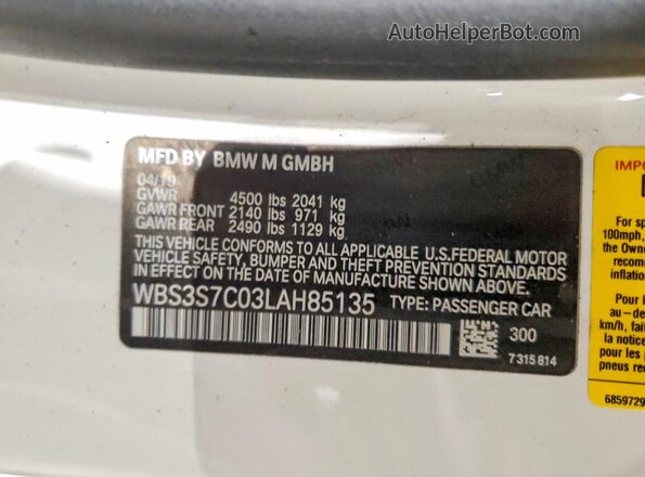 WBS3S7C03LAH85135 2020 BMW M4 White Vista del compartimento del motor