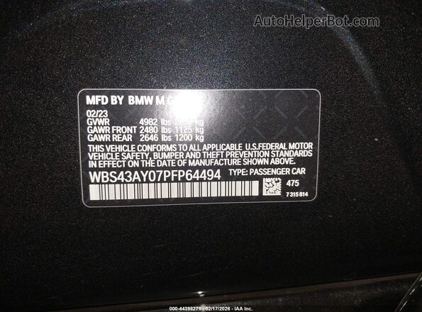 WBS43AY07PFP64494 2023 BMW M3 Black Вид підкапотного простору