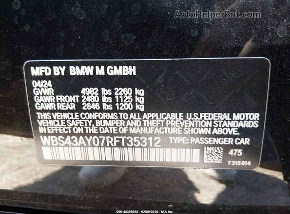 WBS43AY07RFT35312 2024 BMW M3 Black Вид підкапотного простору