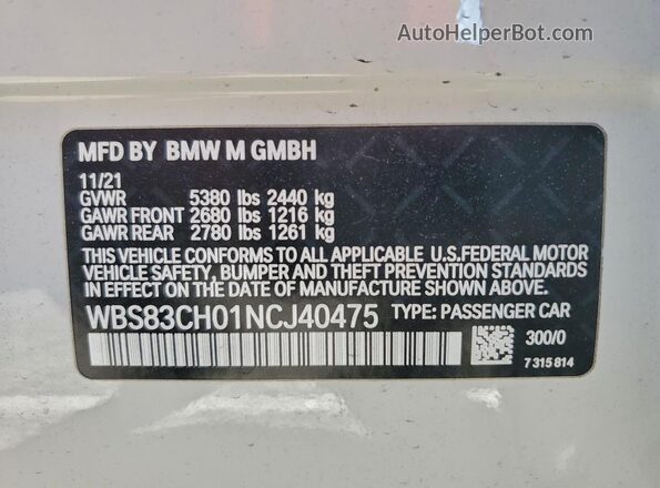 WBS83CH01NCJ40475 2022 BMW M5 Белый Вид наклейки с VIN-кодом