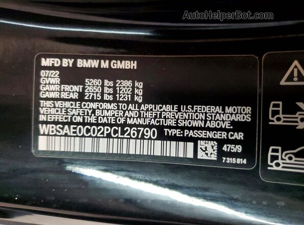 WBSAE0C02PCL26790 2023 BMW M8 Black Widok naklejki z numerem VIN