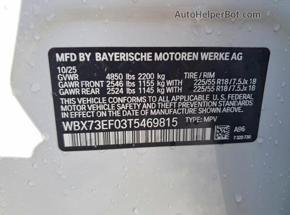 WBX73EF03T5469815 2026 BMW X1 Белый Вид наклейки с VIN-кодом