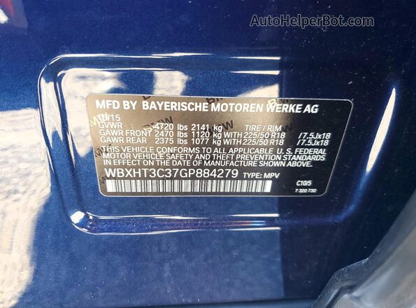WBXHT3C37GP884279 2016 BMW X1 Blue Widok naklejki z numerem VIN