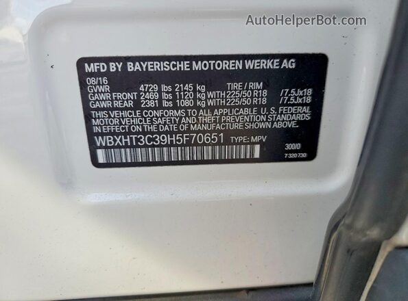 WBXHT3C39H5F70651 2017 BMW X1 White Панорамний вид салону 360°