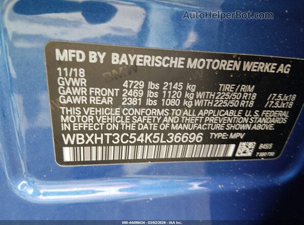 WBXHT3C54K5L36696 2019 BMW X1 Blue ძრავის განყოფილების ხედი