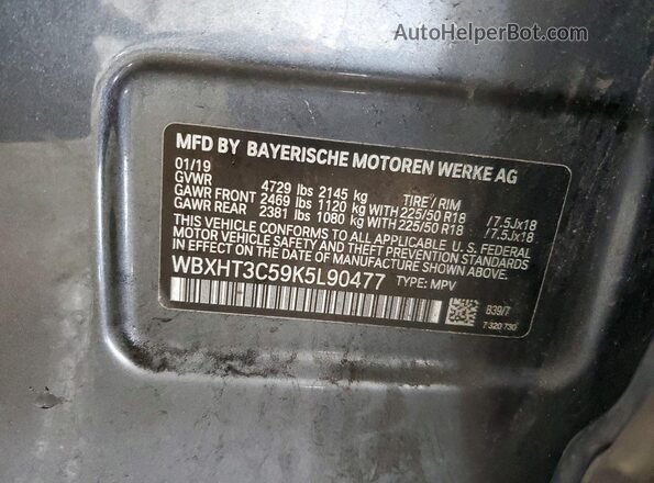 WBXHT3C59K5L90477 2019 BMW X1 Charcoal Widok naklejki z numerem VIN