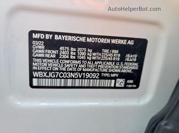 WBXJG7C03N5V19092 2022 BMW X1 Белый Панорамный вид салона 360°