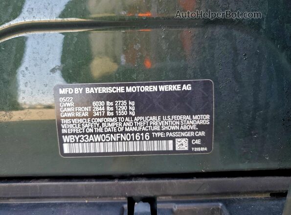 WBY33AW05NFN01616 2022 BMW I4 Green Вид наклейки з VIN-кодом