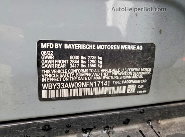 WBY33AW09NFN17141 2022 BMW I4 Серый Вид наклейки с VIN-кодом