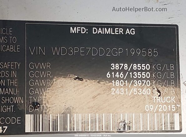 WD3PE7DD2GP199585 2016 MERCEDES-BENZ SPRINTER White Widok komory silnika