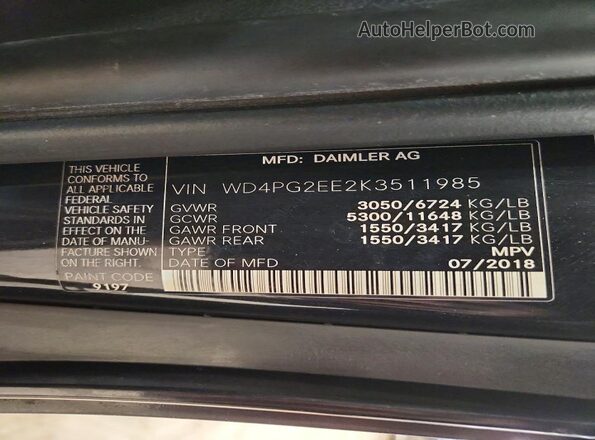 WD4PG2EE2K3511985 2019 MERCEDES-BENZ METRIS Black Vista de la etiqueta del VIN