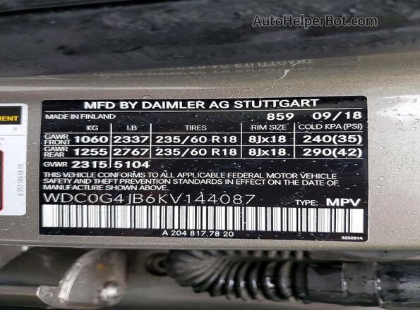 WDC0G4JB6KV144087 2019 MERCEDES-BENZ GLC-CLASS Gray Вид наклейки з VIN-кодом
