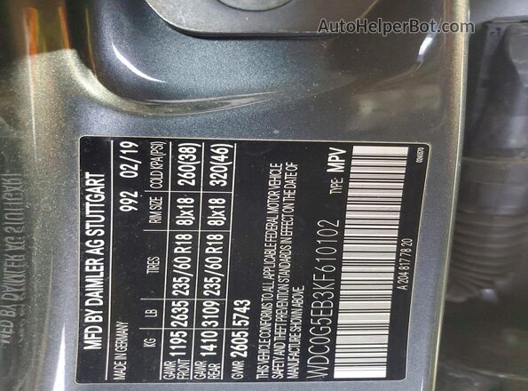 WDC0G5EB3KF610102 2019 MERCEDES-BENZ GLC-CLASS Gray Вид наклейки з VIN-кодом