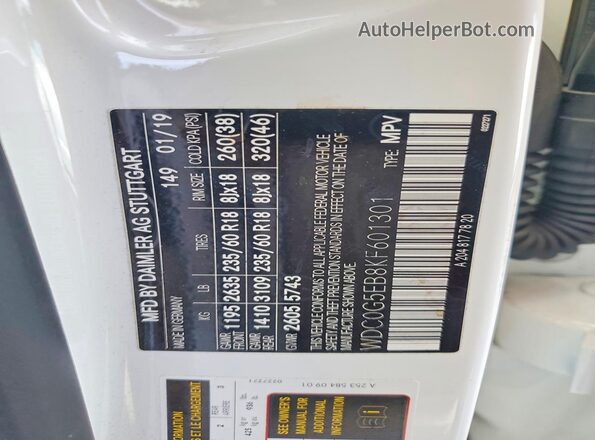 WDC0G5EB8KF601301 2019 MERCEDES-BENZ GLC-CLASS White Widok naklejki z numerem VIN