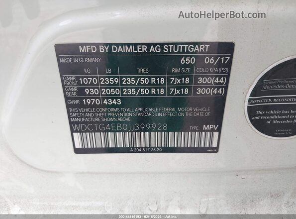 WDCTG4EB0JJ399928 2018 MERCEDES-BENZ GLA 250 White Вид підкапотного простору