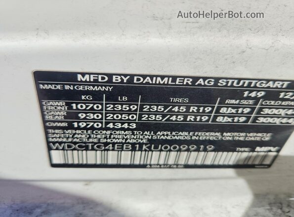 WDCTG4EB1KU009919 2019 MERCEDES-BENZ GLA White Widok wnętrza 360 stopni
