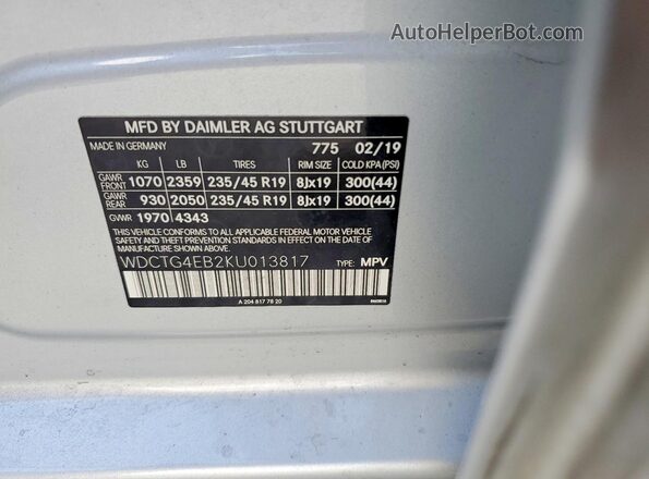WDCTG4EB2KU013817 2019 MERCEDES-BENZ GLA Silver Շարժիչի բաժամունքի տեսք