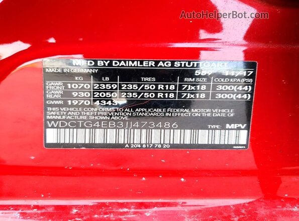 WDCTG4EB3JJ473486 2018 MERCEDES-BENZ GLA Red Widok naklejki z numerem VIN