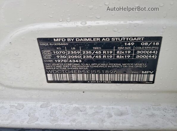 WDCTG4EB5KJ551896 2019 MERCEDES-BENZ GLA White Widok naklejki z numerem VIN