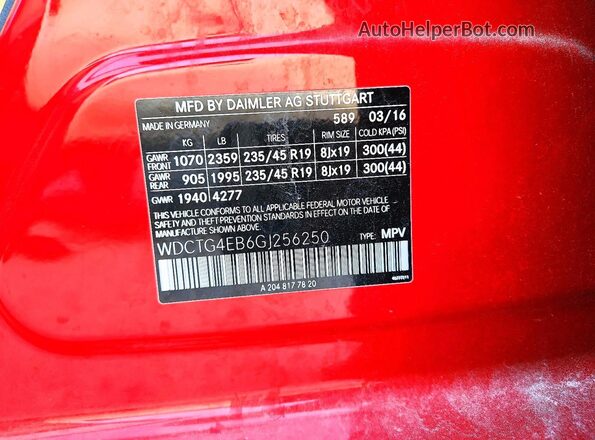 WDCTG4EB6GJ256250 2016 MERCEDES-BENZ GLA Red Вид підкапотного простору