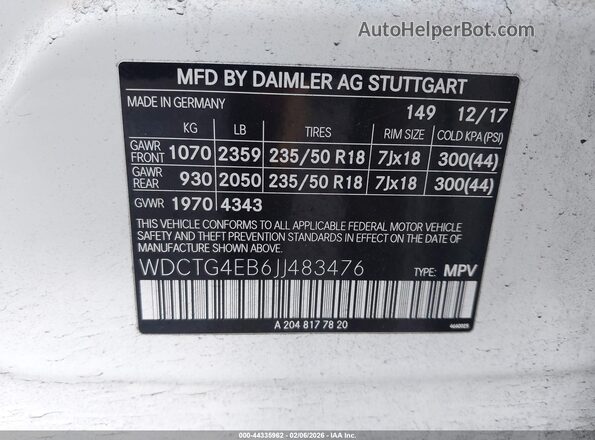 WDCTG4EB6JJ483476 2018 MERCEDES-BENZ GLA 250 White Widok komory silnika