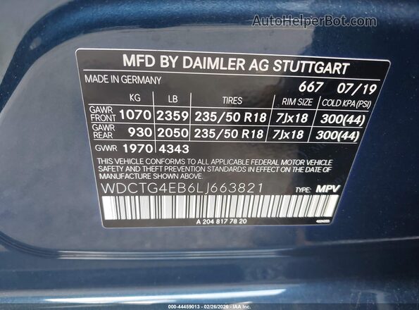 WDCTG4EB6LJ663821 2020 MERCEDES-BENZ GLA 250 Синий Вид подкапотного пространства