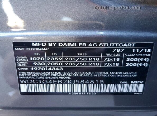 WDCTG4EB7KJ584818 2019 MERCEDES-BENZ GLA Gray Widok komory silnika