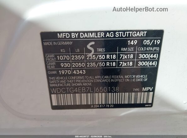 WDCTG4EB7LJ650138 2020 MERCEDES-BENZ GLA 250 White Вид підкапотного простору