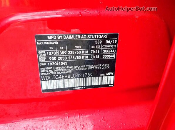 WDCTG4EB8LU021759 2020 MERCEDES-BENZ GLA Red Vista del compartimento del motor