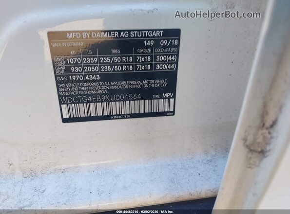 WDCTG4EB9KU004564 2019 MERCEDES-BENZ GLA 250 White Widok komory silnika