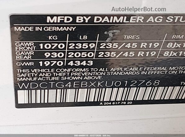 WDCTG4EBXKU012768 2019 MERCEDES-BENZ GLA 250 White ძრავის განყოფილების ხედი