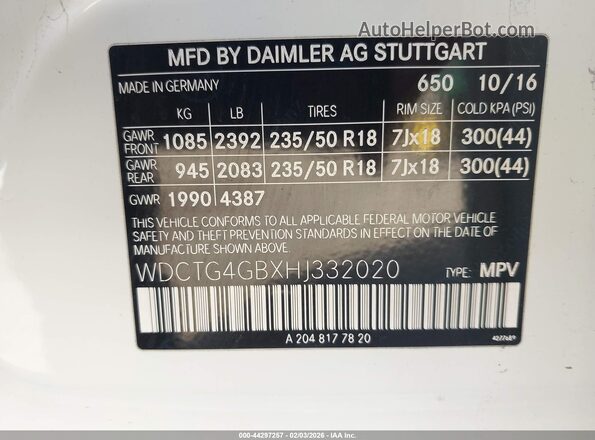 WDCTG4GBXHJ332020 2017 MERCEDES-BENZ GLA 250 Белый Вид подкапотного пространства