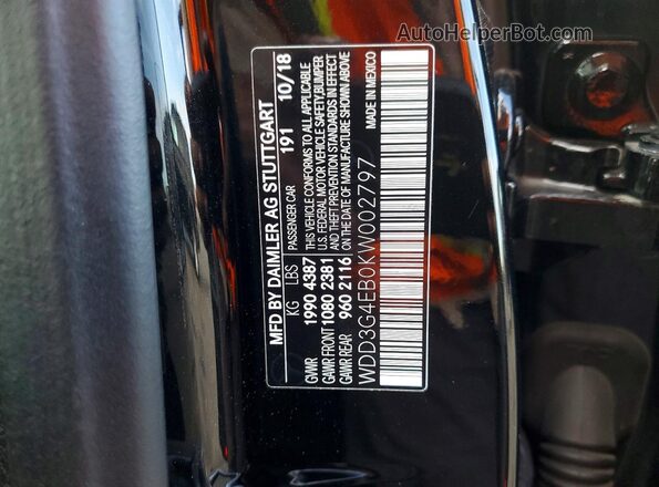 WDD3G4EB0KW002797 2019 MERCEDES-BENZ A Black Widok naklejki z numerem VIN
